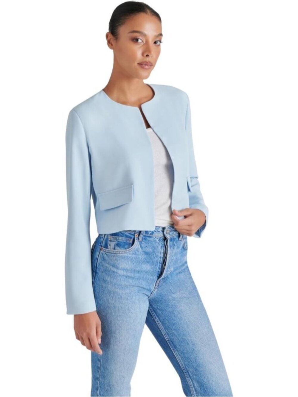 Women Sky Blue 100% Polyester Long Sleeve Collarless Polyester Serenea Blazer